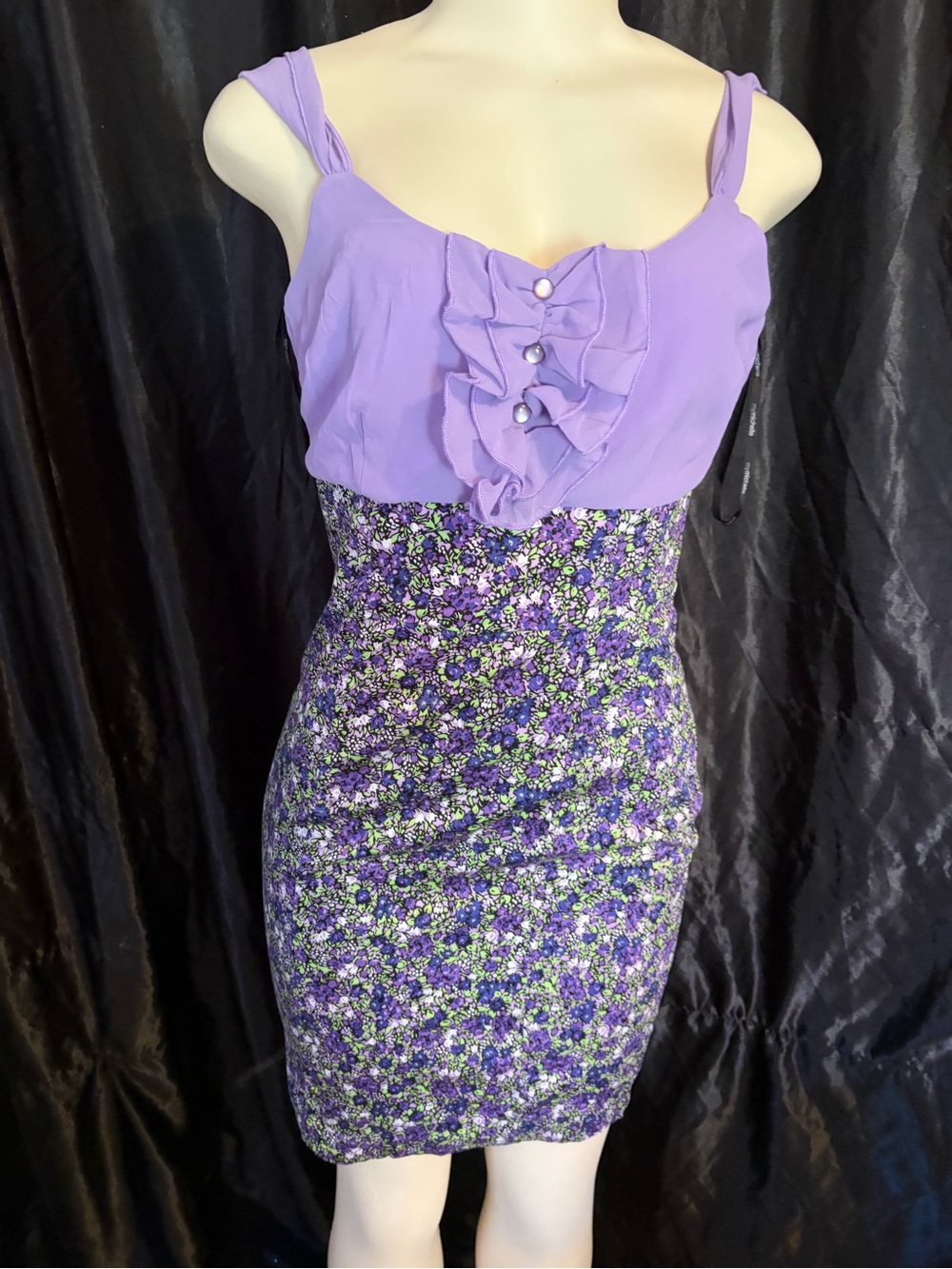 My Michelle Lavender Floral Mini Dress with Ruffle Front